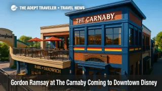 Terrace and entryway of Gordon Ramsay at The Carnaby in Downtown Disney, a British gastropub with a '60s London vibe near Earl of Sandwich.