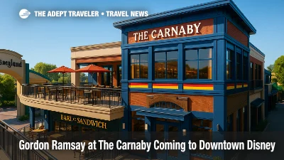 Terrace and entryway of Gordon Ramsay at The Carnaby in Downtown Disney, a British gastropub with a '60s London vibe near Earl of Sandwich.