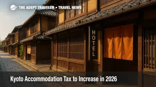 Traditional Kyoto street with a small hotel entrance, illustrating the new Kyoto accommodation tax and how it affects premium stays.