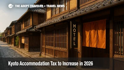 Traditional Kyoto street with a small hotel entrance, illustrating the new Kyoto accommodation tax and how it affects premium stays.