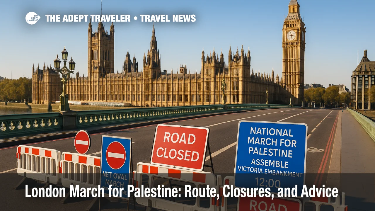Westminster Bridge and Parliament on a clear day with barriers set for a National March for Palestine London route and road closures.