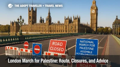 Westminster Bridge and Parliament on a clear day with barriers set for a National March for Palestine London route and road closures.