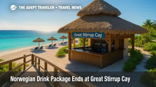 Great Stirrup Cay beachfront bar scene as Norwegian drink package ends ashore, with boardwalk, cabanas, and vivid turquoise water in the Bahamas.