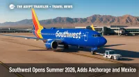 Southwest 737 on the ramp at Las Vegas with terminal and desert backdrop, illustrating Southwest summer 2026 schedule, Anchorage debut, and new Mexico routes.