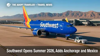 Southwest 737 on the ramp at Las Vegas with terminal and desert backdrop, illustrating Southwest summer 2026 schedule, Anchorage debut, and new Mexico routes.