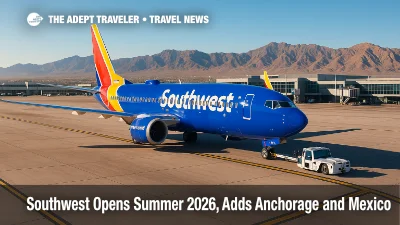 Southwest 737 on the ramp at Las Vegas with terminal and desert backdrop, illustrating Southwest summer 2026 schedule, Anchorage debut, and new Mexico routes.