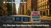 A Midtown Manhattan street with event barricades and police signage, illustrating pro-Palestine protests and a travel advisory near major transit connections.