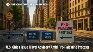 A Midtown Manhattan street with event barricades and police signage, illustrating pro-Palestine protests and a travel advisory near major transit connections.