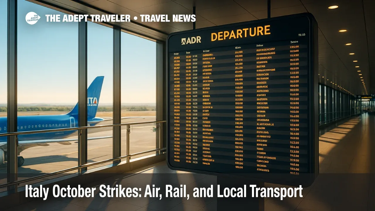 Departure concourse at Rome Fiumicino showing ADR boards during an Italy October strikes period, useful for travelers reviewing EU261 rights.