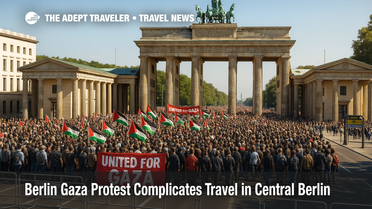 Police barriers and dense crowds near the Brandenburg Gate as a Berlin Gaza protest moves toward the government quarter, with advisory context for travelers.