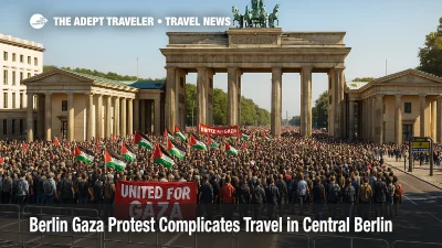 Police barriers and dense crowds near the Brandenburg Gate as a Berlin Gaza protest moves toward the government quarter, with advisory context for travelers.