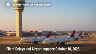 Boston Logan tower and taxiway with queued jets under clear skies, illustrating today's flight delays and airport impacts across key hubs.