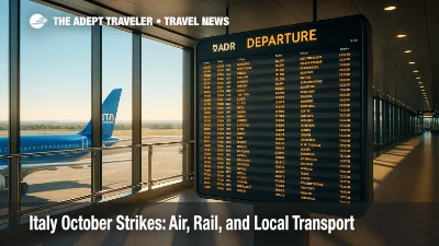 Departure concourse at Rome Fiumicino showing ADR boards during an Italy October strikes period, useful for travelers reviewing EU261 rights.