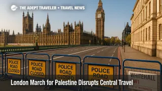 Police barriers and traffic holds near Westminster Bridge and Whitehall during a London march for Palestine, with road closures and Tube disruptions.