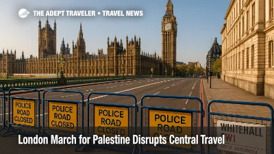 Police barriers and traffic holds near Westminster Bridge and Whitehall during a London march for Palestine, with road closures and Tube disruptions.