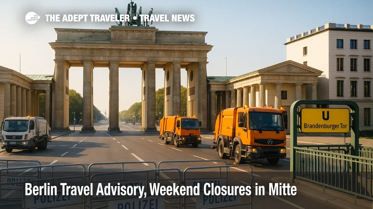 Police barricades and cleanup vehicles near Brandenburg Gate during a Berlin travel advisory after the United for Gaza rally.