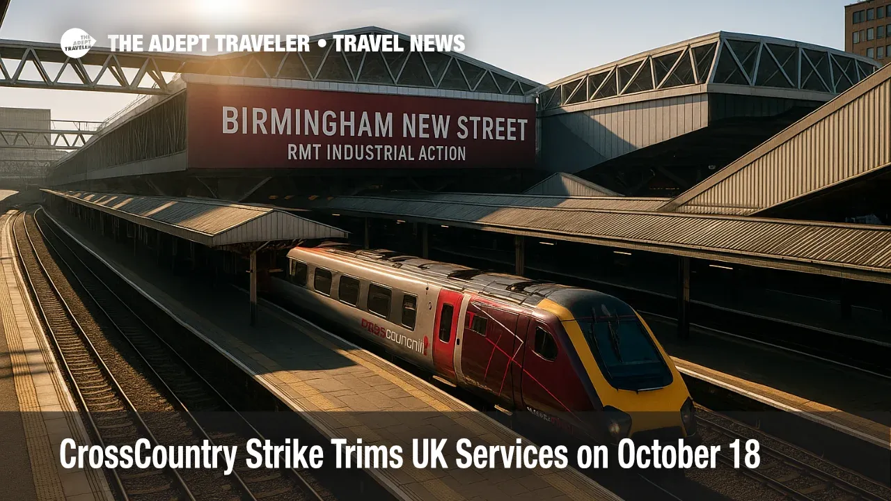 Birmingham New Street platforms with a CrossCountry Voyager under bright sun during an RMT industrial action timetable, illustrating a UK rail strike.