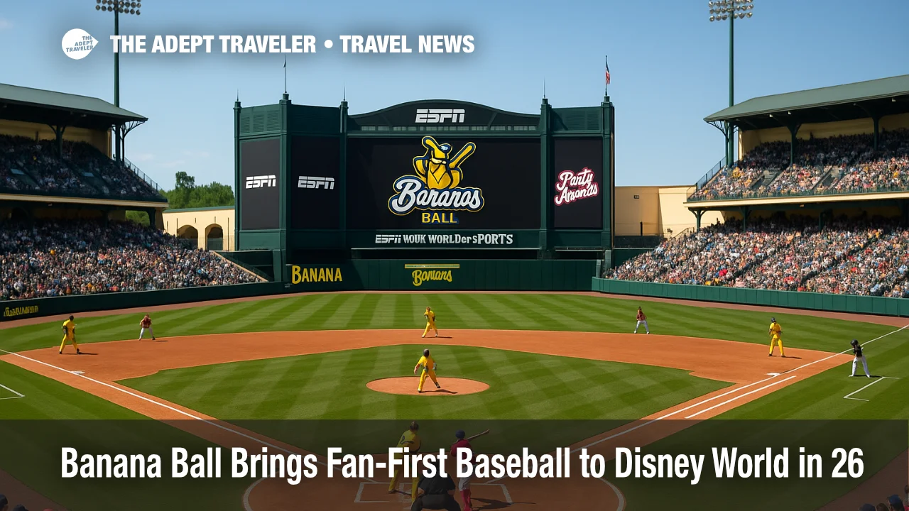 Banana Ball game night at ESPN Wide World of Sports, showing The Stadium in bright sun with infield view and fans ready for the Party Animals matchup.