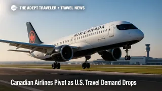 Air Canada A220 departs Toronto Pearson, illustrating Canadian airlines adjusting transborder travel capacity amid shifting U.S. demand.