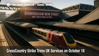 Birmingham New Street platforms with a CrossCountry Voyager under bright sun during an RMT industrial action timetable, illustrating a UK rail strike.