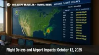 Large FAA operations wall displays delay programs and weather overlays, illustrating U.S. flight delays and airport impacts across the Northeast and Arizona.