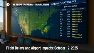 Large FAA operations wall displays delay programs and weather overlays, illustrating U.S. flight delays and airport impacts across the Northeast and Arizona.