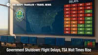 An FAA operations wall shows nationwide airport delay tiles, illustrating TSA wait times and government shutdown flight delays across major hubs.