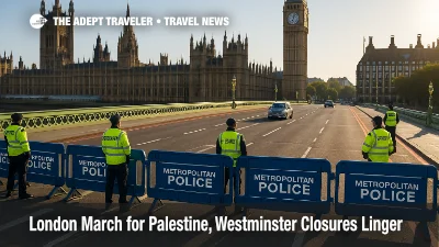 Police barriers and stewards on Westminster Bridge with light traffic, showing lingering closures after the London March for Palestine.