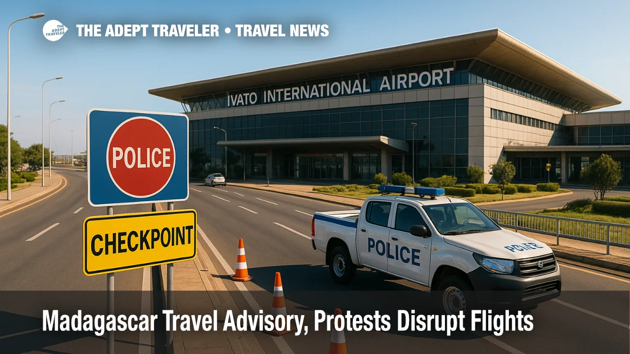 Police checkpoint slows traffic near Ivato International Airport during Antananarivo protests, illustrating the Madagascar travel advisory and potential airport delays.
