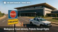 Police checkpoint slows traffic near Ivato International Airport during Antananarivo protests, illustrating the Madagascar travel advisory and potential airport delays.