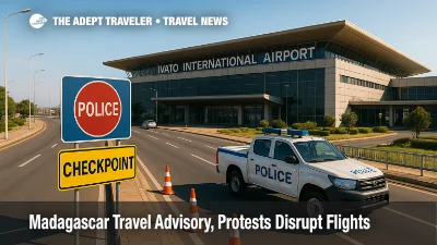 Police checkpoint slows traffic near Ivato International Airport during Antananarivo protests, illustrating the Madagascar travel advisory and potential airport delays.