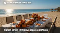 Elegant beachfront Thanksgiving dinner at a Puerto Vallarta Marriott resort, warm sun and ocean backdrop highlight a family travel celebration in Mexico.