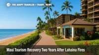 Kāʻanapali Beach boardwalk with open shops and resorts, illustrating Maui tourism recovery and welcoming travel with mālama values.