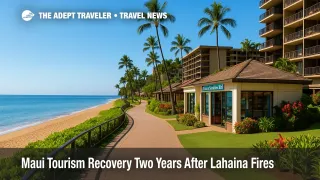 Kāʻanapali Beach boardwalk with open shops and resorts, illustrating Maui tourism recovery and welcoming travel with mālama values.