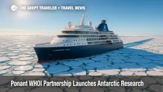 Le Commandant Charcot navigates Weddell Sea pack ice during a Ponant WHOI partnership expedition, an expedition cruise focused on polar travel education.