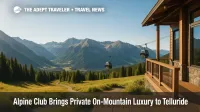 Mid-mountain view of San Sophia Station and the Telluride gondola with the San Juans beyond, illustrating The Alpine Club Telluride private on-mountain setting.