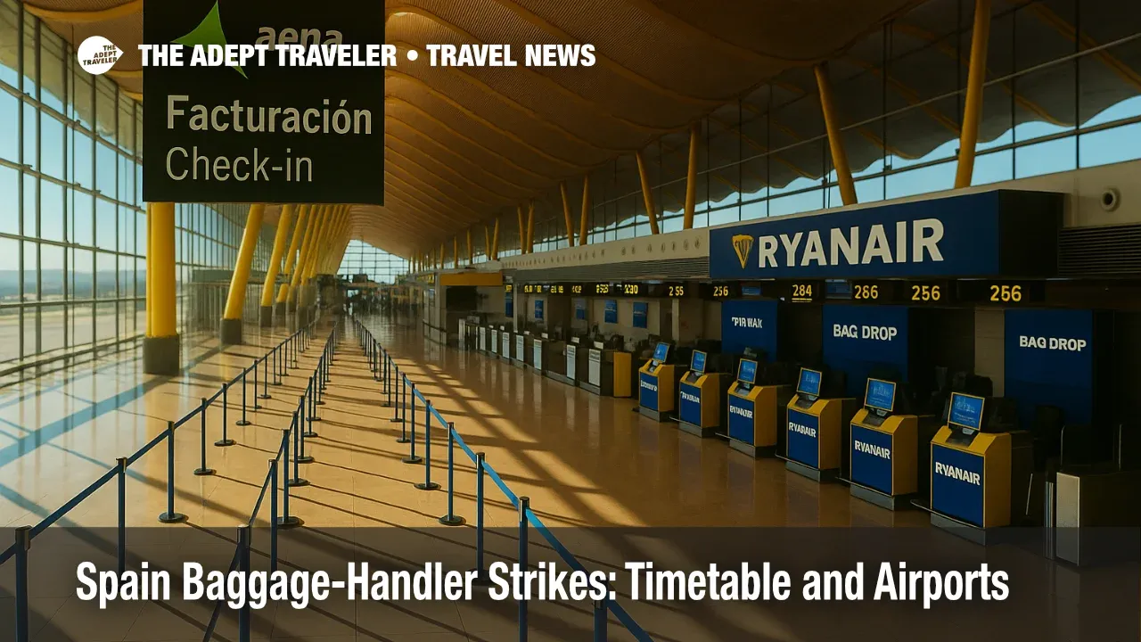 Busy Spanish airport check-in hall with Ryanair counters during Azul Handling action, illustrating Spain baggage-handler strikes and peak-hour queues.