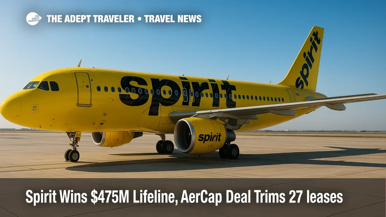 Spirit Airlines A320 on a maintenance ramp under clear skies, illustrating DIP financing and AerCap settlement during the Spirit Airlines bankruptcy.