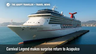 Carnival Legend docked in Acapulco Bay after a weather diversion, marking Carnival's first return in 15 years on a Panama Canal cruise.