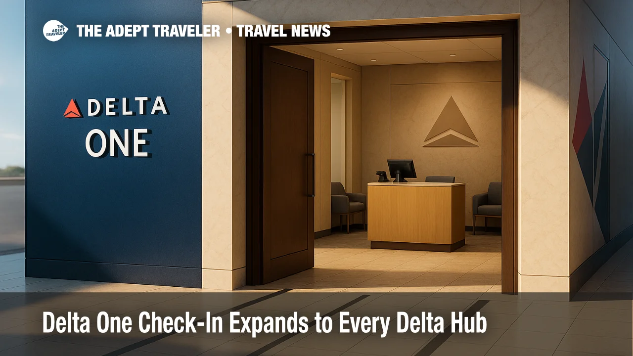 A private Delta One check-in lobby with a staffed desk and enclosed entry, illustrating premium check-in and access to the Delta One lounge.