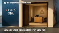 A private Delta One check-in lobby with a staffed desk and enclosed entry, illustrating premium check-in and access to the Delta One lounge.