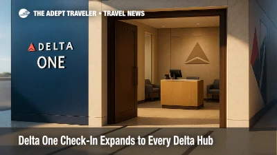 A private Delta One check-in lobby with a staffed desk and enclosed entry, illustrating premium check-in and access to the Delta One lounge.