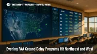 FAA operations wall shows active traffic-flow tiles during an evening nor'easter, illustrating FAA ground delay programs and EDCT pacing at major hubs.