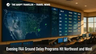 FAA operations wall shows active traffic-flow tiles during an evening nor'easter, illustrating FAA ground delay programs and EDCT pacing at major hubs.