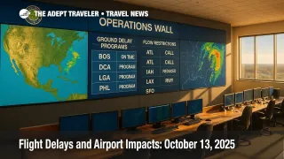 FAA command center status wall shows ground delay programs and flow restrictions during a nor'easter, illustrating U.S. flight delays and airport impacts.