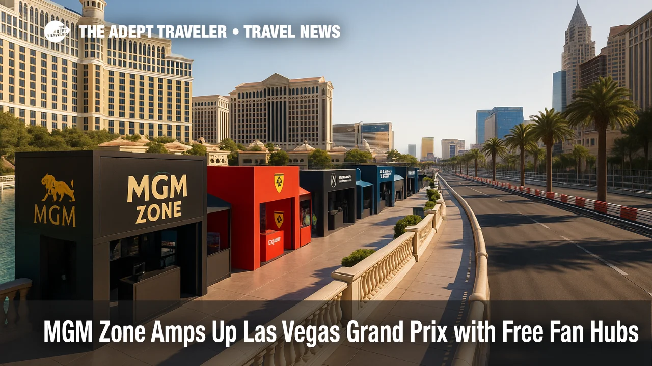 Fans explore the MGM Zone along Bellagio's lakeside with Formula 1 fan zones, art, and fashion pop-ups during the Las Vegas Grand Prix.