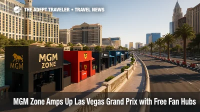 Fans explore the MGM Zone along Bellagio's lakeside with Formula 1 fan zones, art, and fashion pop-ups during the Las Vegas Grand Prix.