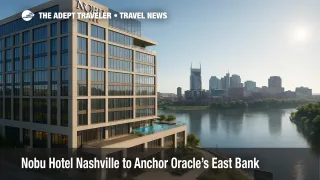 A render of Nobu Hotel Nashville on the East Bank shows a rooftop infinity pool, skyline views, and Japanese-inspired design for luxury travelers.