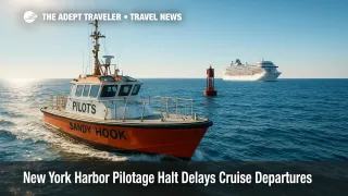 A Sandy Hook pilot boat waits near Ambrose Channel while a cruise ship holds offshore, illustrating a New York Harbor pilotage suspension.