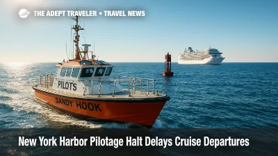 A Sandy Hook pilot boat waits near Ambrose Channel while a cruise ship holds offshore, illustrating a New York Harbor pilotage suspension.